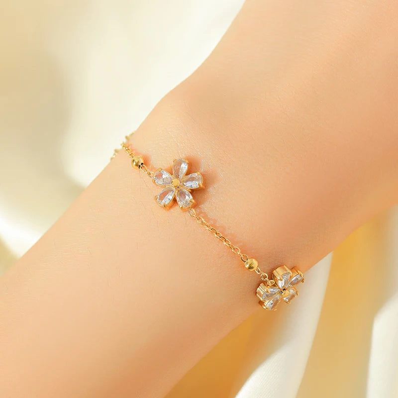 EILIECK 316L Stainless Steel White Zirconia Flower Petal Necklace Bracelet & Earrings Set for Women – Trendy Jewelry Party Gift