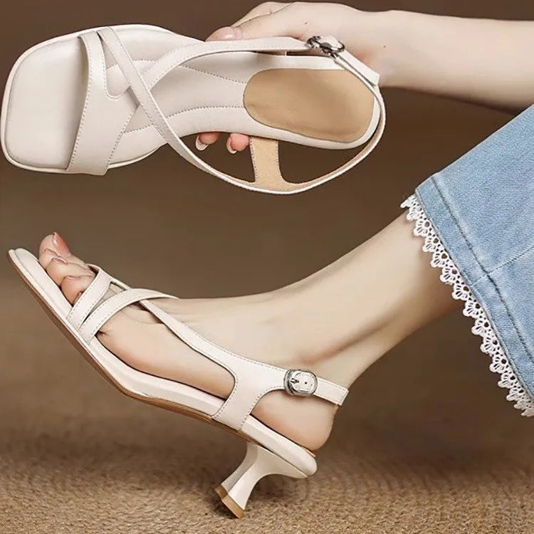 Women’s Elegant Square Toe Cross Strap Sandals Low Heel Buckle Soft Sole Comfortable Summer Dress Fashion Shoes