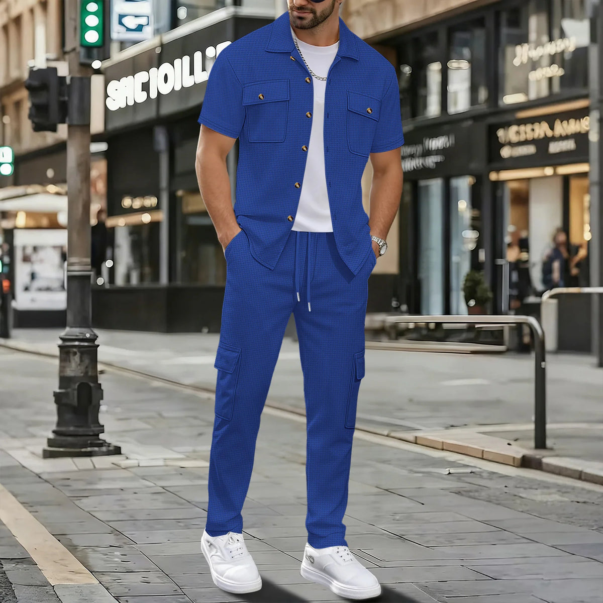 Men's Matching Sets: Waffle Knit 2PC Outfit & Light Coats, Short Sleeve Cargo Shirt & Drawstring Multi-Pkt Pants for Daily