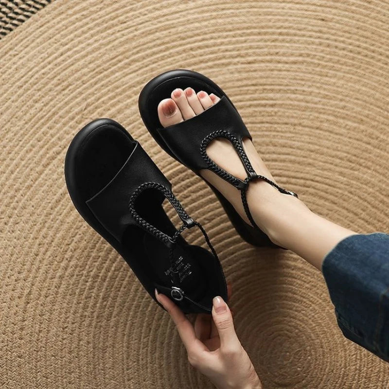 2026 Summer New Women's Flat Sandals, Fashion T-Strap Braided, Casual Comfortable Non-Slip Beach Shoes for Ladies