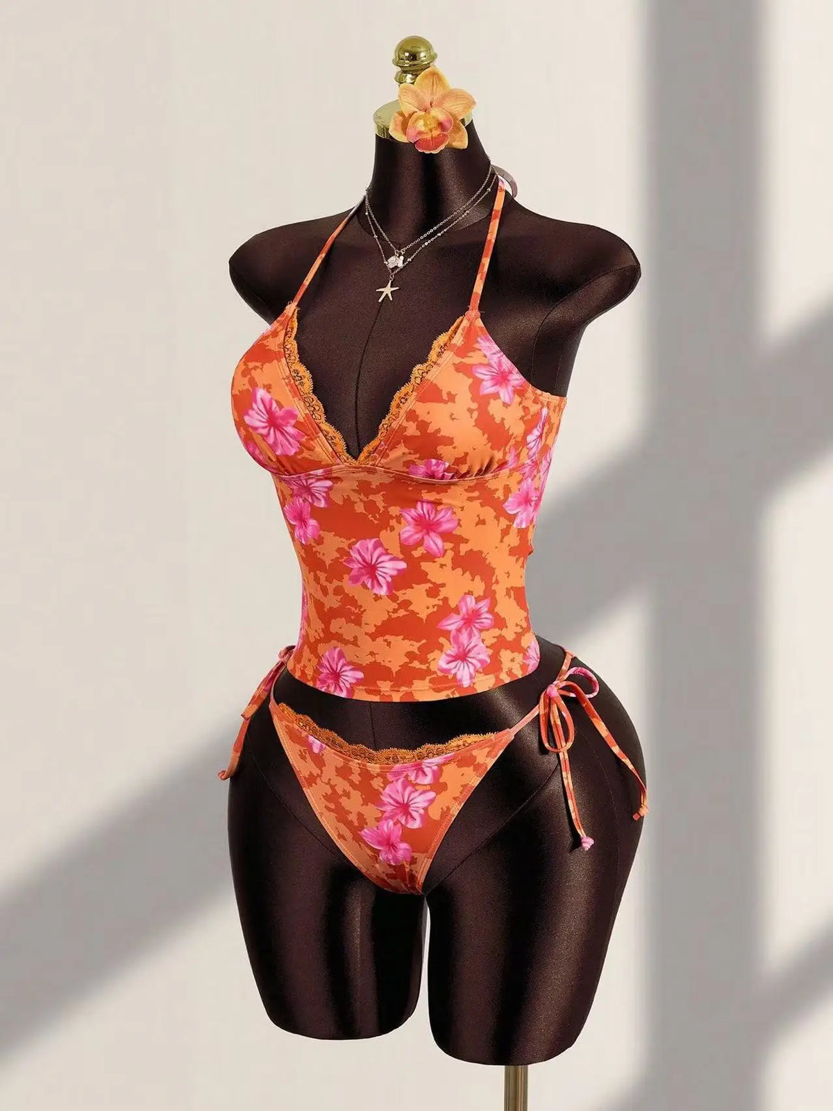 Women's Beach Vacation Swimsuit Orange Embellished Tropical Flower Print Lace Trim Halter Neck Tie Side 2 Piece Bikini Set 2026
