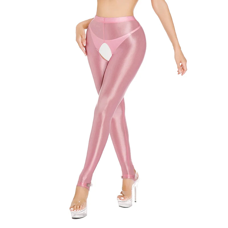 Womens Oil Glossy Open Crotch Leggings Sexy Crotchless Pants Elastic Waistband Stretchy Thigh Skinny Trouser for Yoga Nightwear