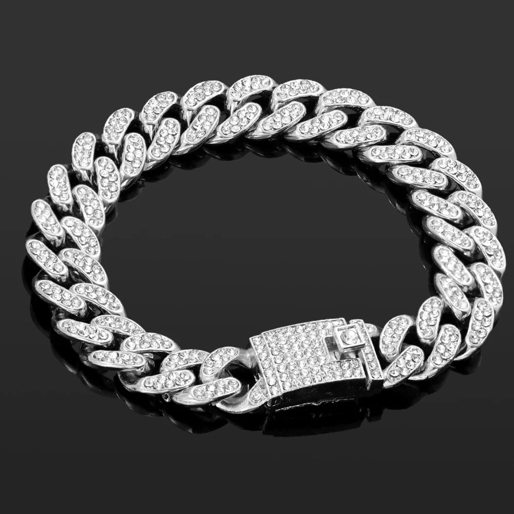 Iced Out Pink Cuban Bracelet Set for Women – 4Pcs Hip Hop Crystal Heart, Circle & Square Gold/Silver Tone Bracelets, Fashion Jewelry Gift