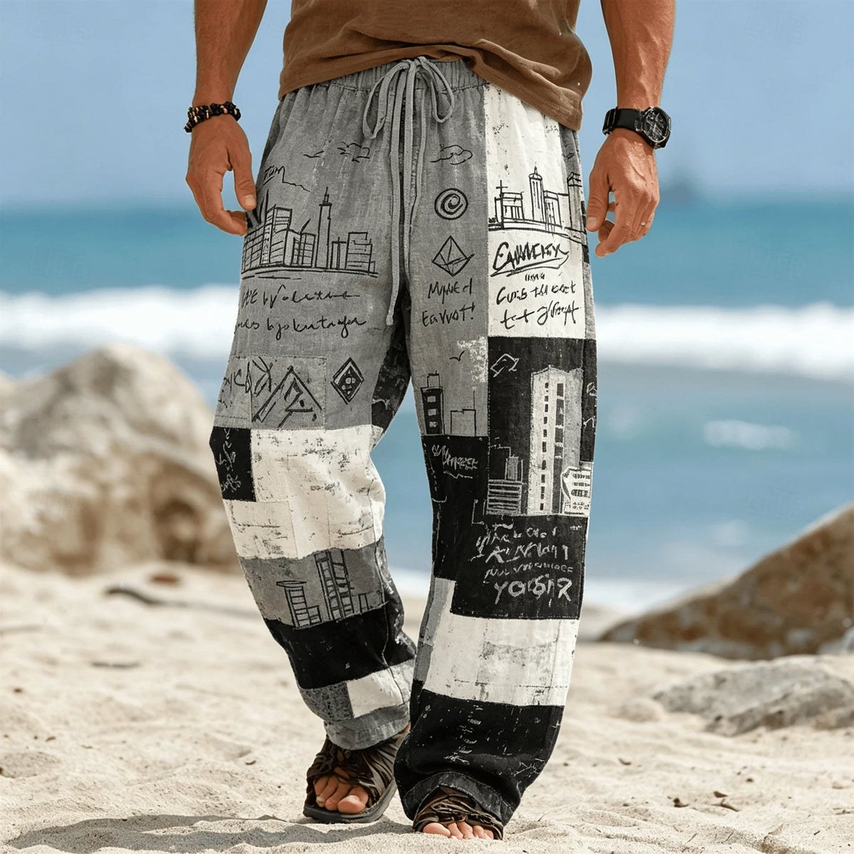 Men's Ethnic Tribal Patchwork Print Drawstring Pants, Casual Boho Trousers for Summer Beach & Vacation