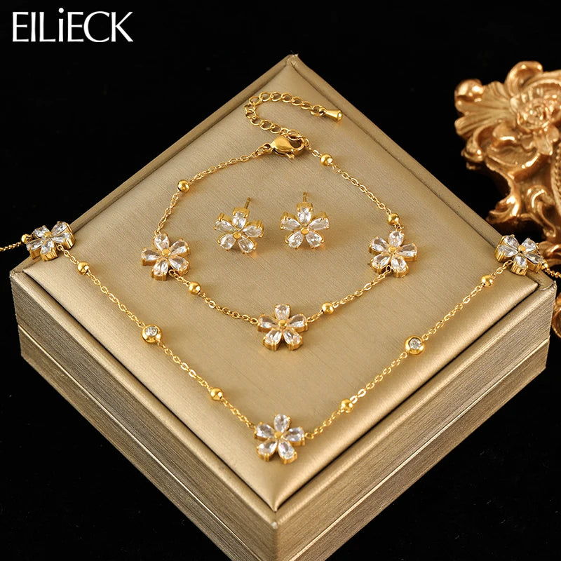 EILIECK 316L Stainless Steel White Zirconia Flower Petal Necklace Bracelet & Earrings Set for Women – Trendy Jewelry Party Gift