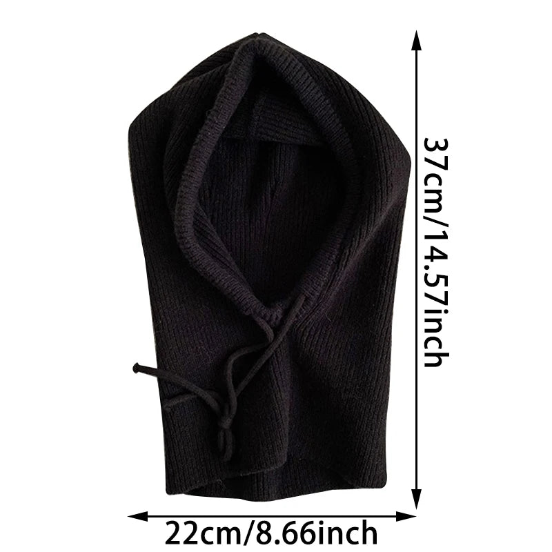 Knitted Hooded Scarf Hat Knit Balaclava Korean Outdoor Style Warm Hooded Scarf with Adjustable Drawstring