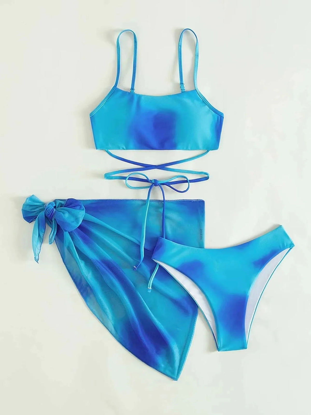 Tie Dye Bikini Swimsuit Women's Three Piece Set Mesh Skirt Split Body Suspender Fashionable Swimsuit Padded Bikini Set Swimwear