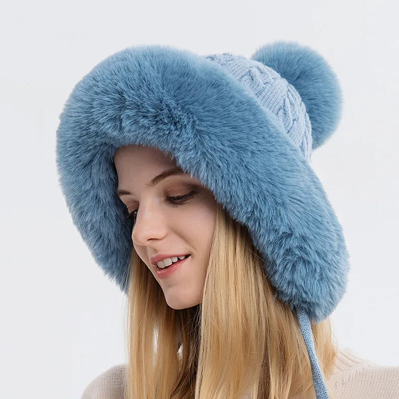 Winter Hat For Women Hooded Face Mask Fluff Keep Warm Thicken Style Neck Scarf Hooded Cap Beanie Knitted Cashmere Neck Warmer