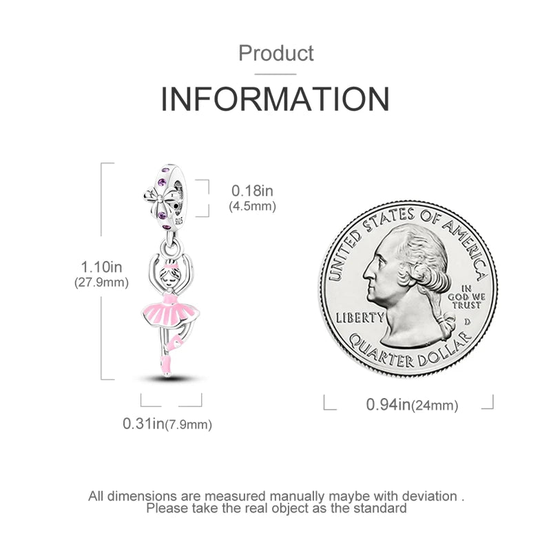 925 Sterling Silver Pink Ballet Girl Bow Pendant Charm Bead for Women – Elegant DIY Jewelry Making Charm for Bracelets & Necklaces
