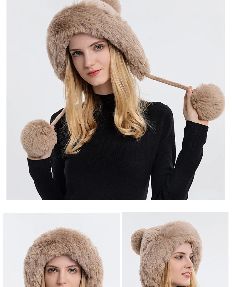 Winter Fluffy Fur Kintted Cap for Women Russian Lady Soft Warm Ear Protection Hats Female Outdoor Plush Coldproof Ball Beanies