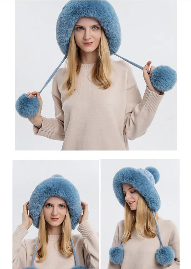 Winter Hat For Women Hooded Face Mask Fluff Keep Warm Thicken Style Neck Scarf Hooded Cap Beanie Knitted Cashmere Neck Warmer