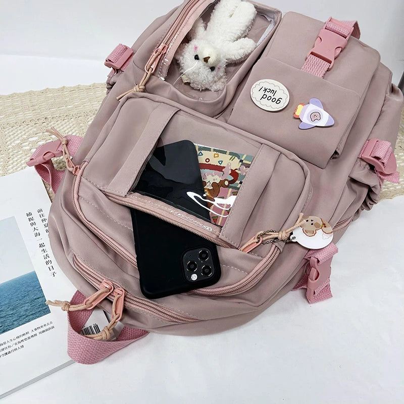 Cute Women’s Waterproof Nylon Backpack – Multi-Pocket Kawaii School Bag, Laptop & Book Pack for Girls, Stylish Student Travel Backpack