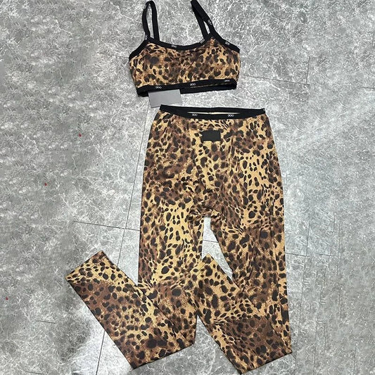2025 Women Leopard Gym Outfit Sexy Sling Sporty Bra Elastic Leggings Yoga Suit Casual Outdoor Jogging Tracksuits