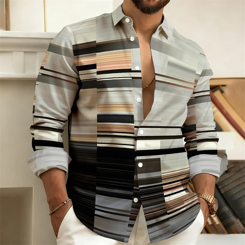 New Men's Color-Block Patchwork Long-Sleeved Shirt, Geometric Striped Casual Business Shirt, Slim-Fit Men's Top, Sizes S-6XL.