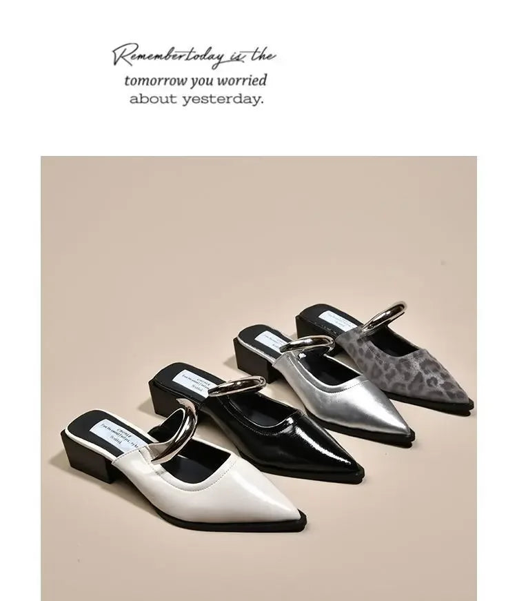 2026 New Women Cover Toe Mules Slippers Fashion Metal Decoration Thick Heel Slide Shoes Comfort Street Style Footwear