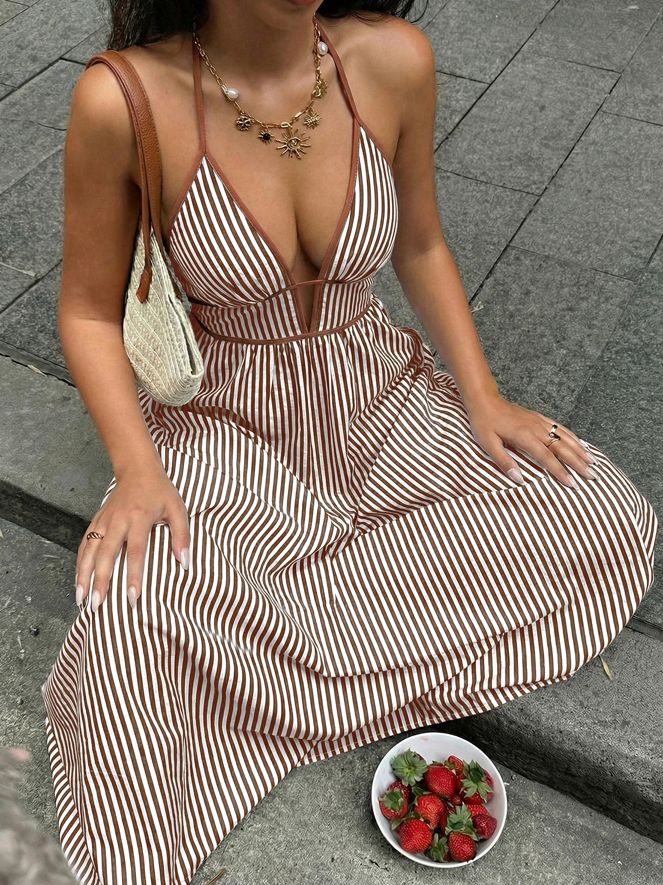 Women’s Striped Backless Maxi Dress