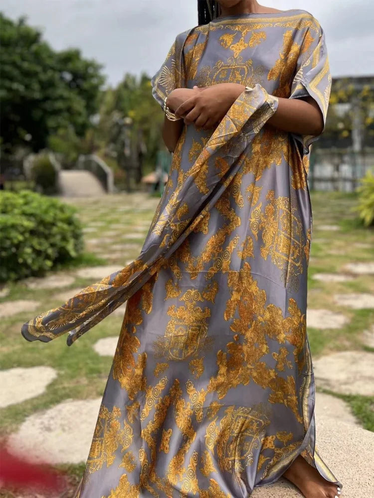 Women’s Luxury Satin-Style Printed Abaya Dress