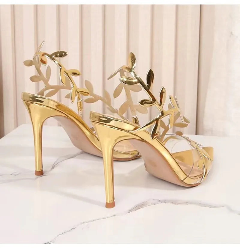 Star Style Summer Fashion Sequined Patent Leather Leaf Women Sandals Elegant Pointed Toe Stiletto High Heels Prom Dresses Shoes