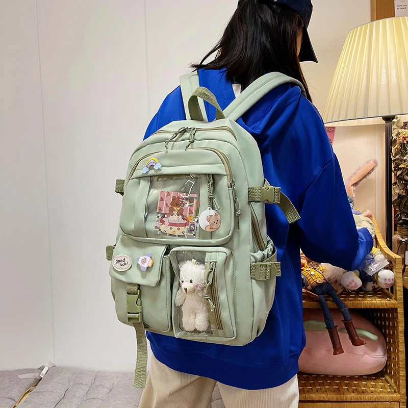 Cute Women’s Waterproof Nylon Backpack – Multi-Pocket Kawaii School Bag, Laptop & Book Pack for Girls, Stylish Student Travel Backpack
