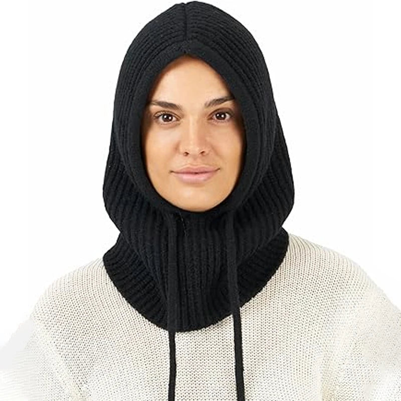 Knitted Hooded Scarf Hat Knit Balaclava Korean Outdoor Style Warm Hooded Scarf with Adjustable Drawstring
