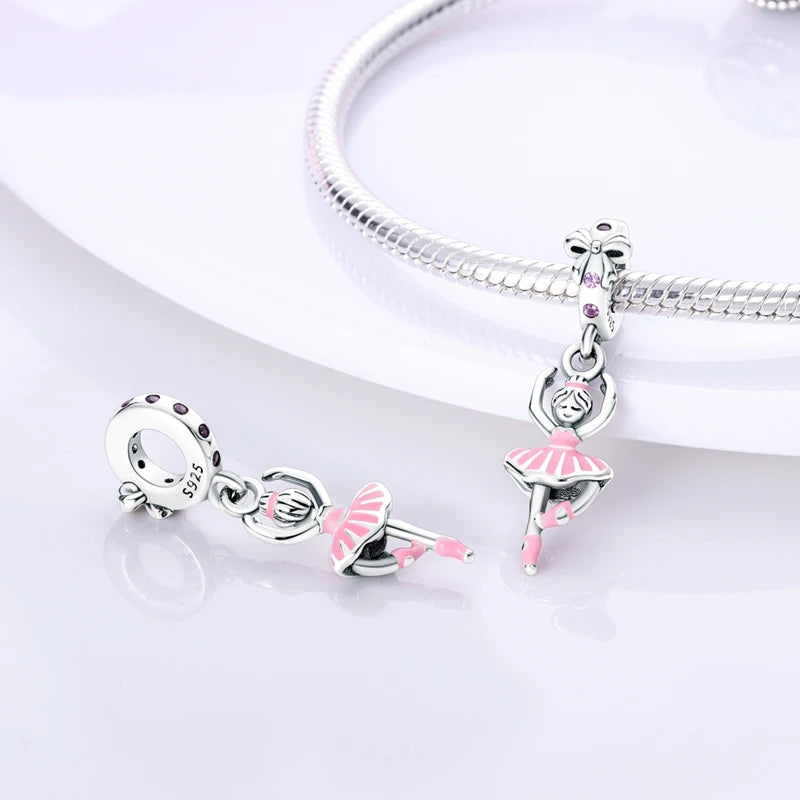 925 Sterling Silver Pink Ballet Girl Bow Pendant Charm Bead for Women – Elegant DIY Jewelry Making Charm for Bracelets & Necklaces