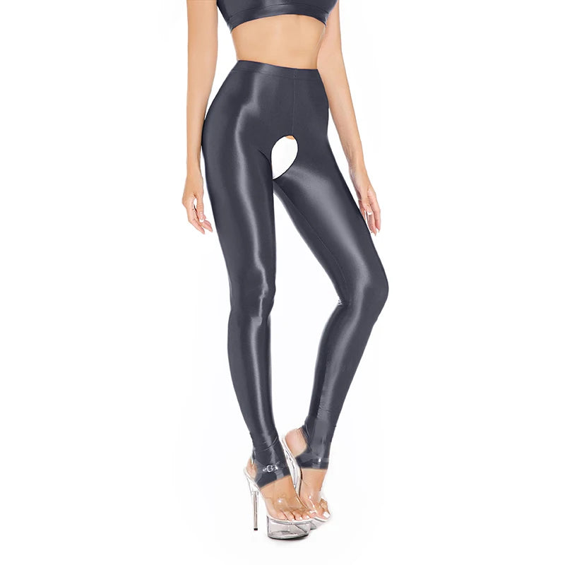 Womens Oil Glossy Open Crotch Leggings Sexy Crotchless Pants Elastic Waistband Stretchy Thigh Skinny Trouser for Yoga Nightwear