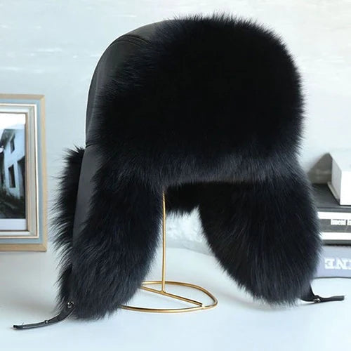 Natural Raccoon Fur Hat Women Black Fox Fur Russian Ushanka Hats Winter Warm Ears Bomber Cap