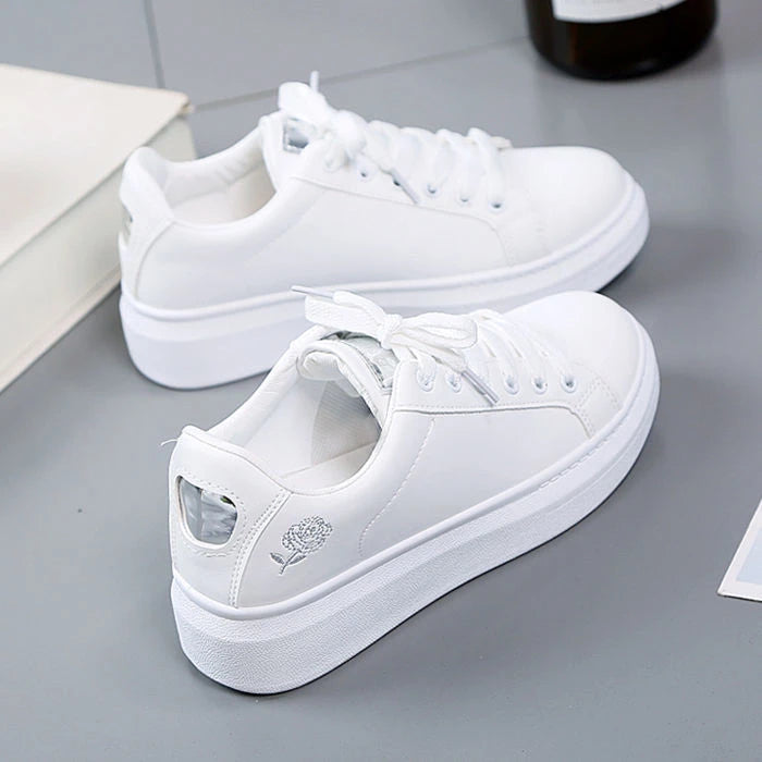 Women’s Floral Embroidered White Sneakers – Breathable PU Leather Lace-Up Casual Fashion Walking Shoes