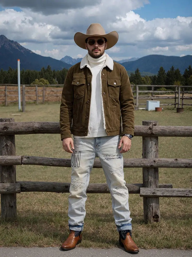 【HME】Men's jeans | Straight‑Fit Western Style Denim Pants For Men, Light‑Wash Destroyed Denim Trousers, Loose Comfort Casual pants, Fashion Letter Graphic Denim Bottoms, Ideal Match With Cowboy Boots For Street And Ou