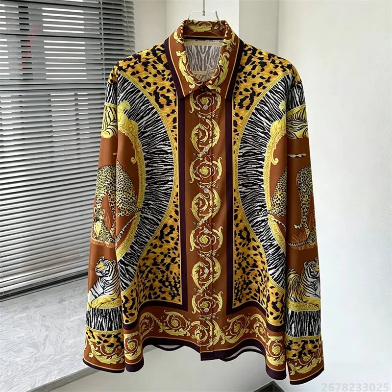 Men's shirt retro Baroque animal print shirt casual loose long sleeved shirt light luxury design sense men's top XS-6XL size
