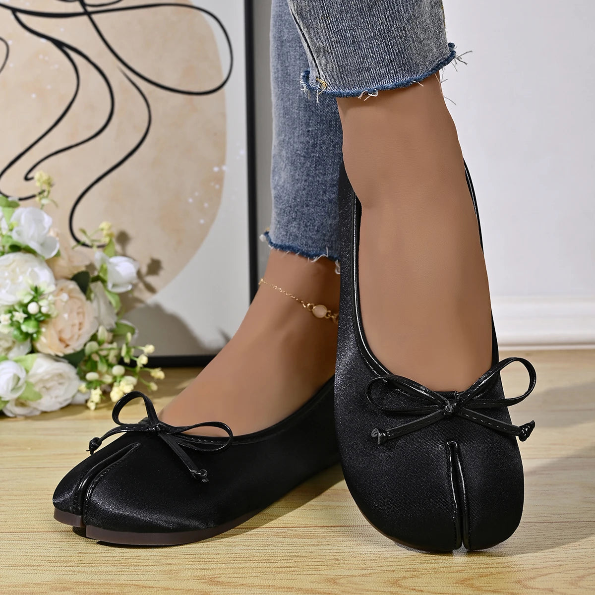 Soft Split Toe Tabi Ballet Flats Women Bowknot Leather Round Toe Ballerina Shoes Low Heel Slip On Loafers Casual Moccasins 2026