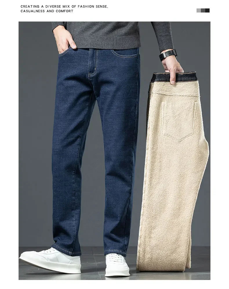 Plus Size 44 46 Casual Sherpa Warm Jeans Men Winter Velvet Thick Trousers Loose Straight Business Classic Fleece Denim Pants