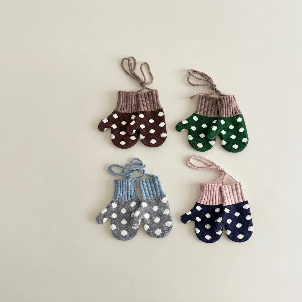Autumn Winter Baby Anti-lost Gloves Korean Fashion Polka Dot Mittens Kids Gloves Warm Knitted Toddler Gloves for Outdoor Wear