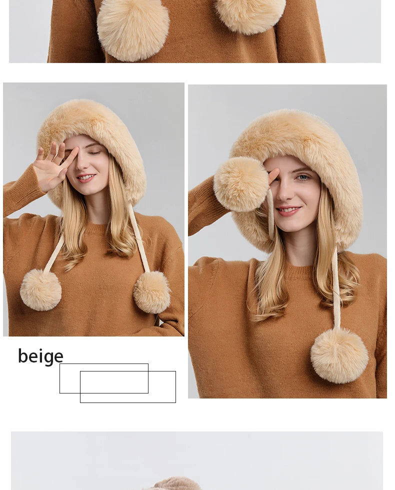 Winter Fluffy Fur Kintted Cap for Women Russian Lady Soft Warm Ear Protection Hats Female Outdoor Plush Coldproof Ball Beanies