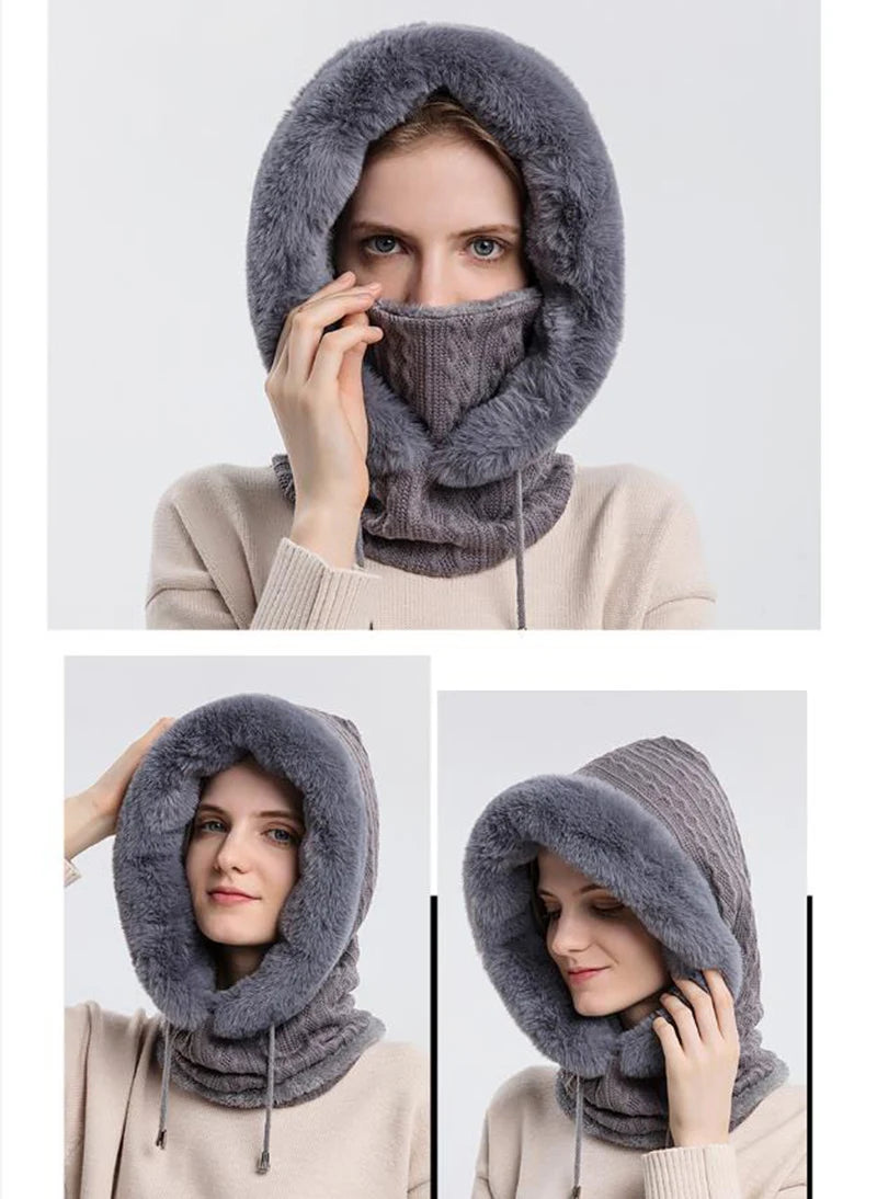Winter Hat For Women Hooded Face Mask Fluff Keep Warm Thicken Style Neck Scarf Hooded Cap Beanie Knitted Cashmere Neck Warmer