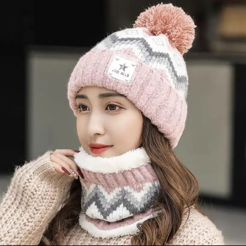 2PCS Winter Women Plush Velvet Hats Neck Warmer Hat Scarf Set Beanies Cycling Windproof Hat Outdoor Ear Protection Outdoor