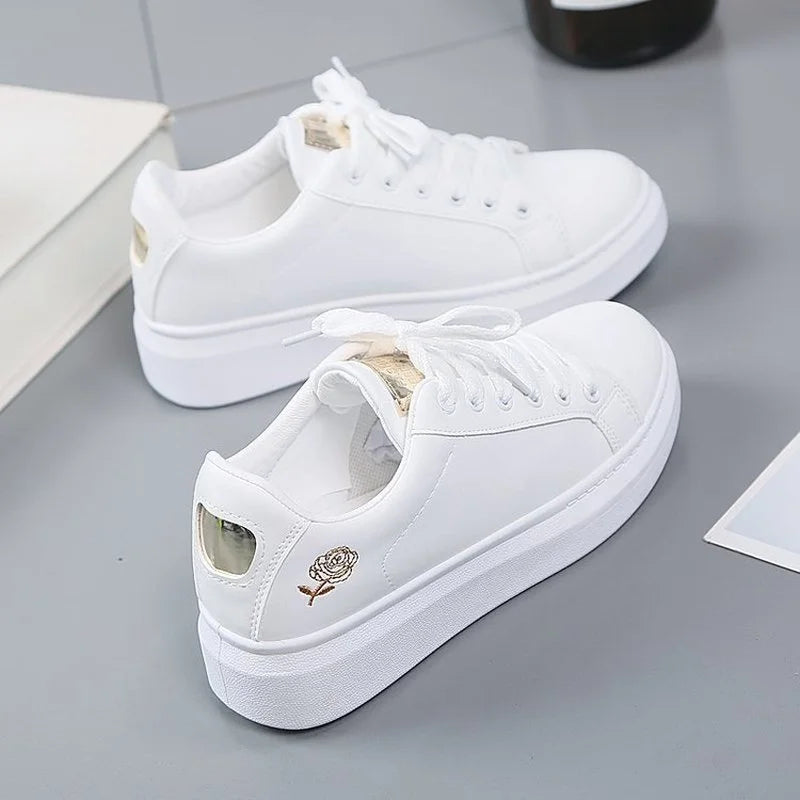 Women’s Floral Embroidered White Sneakers – Breathable PU Leather Lace-Up Casual Fashion Walking Shoes