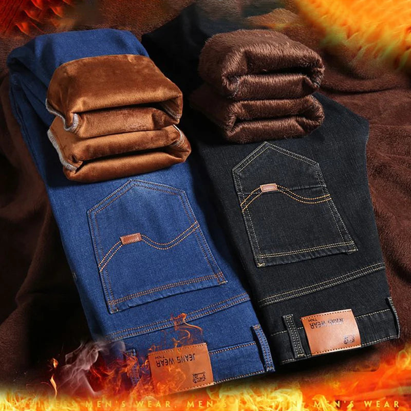 Men Winter Snow Warm Plush  Loose Minimalist Jeans Male Fleece Lined ThickenedStraight Denim Pants Slim Fit Elasticity Trousers