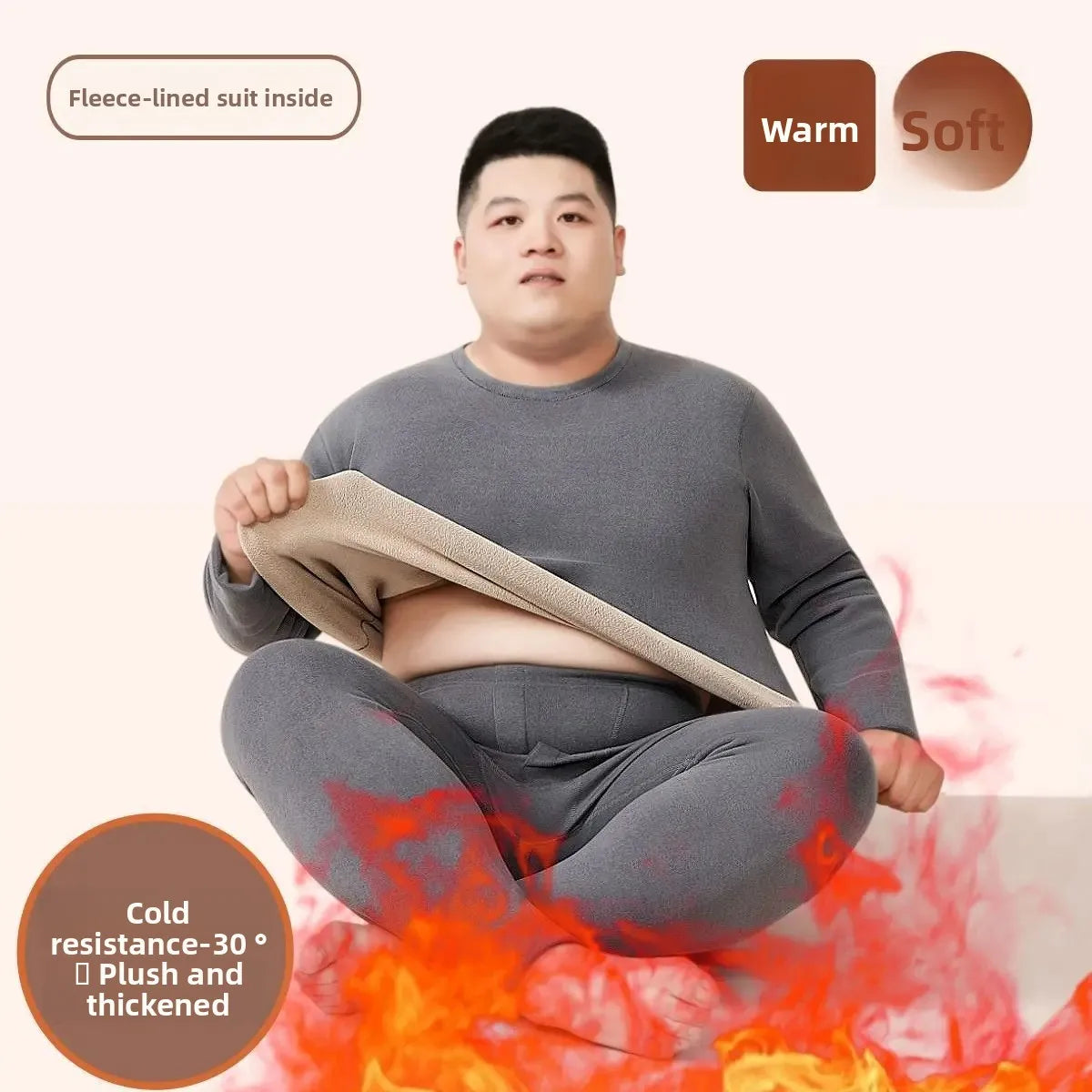 Men's Plus Size Fleece-Lined Thermal Underwear Set