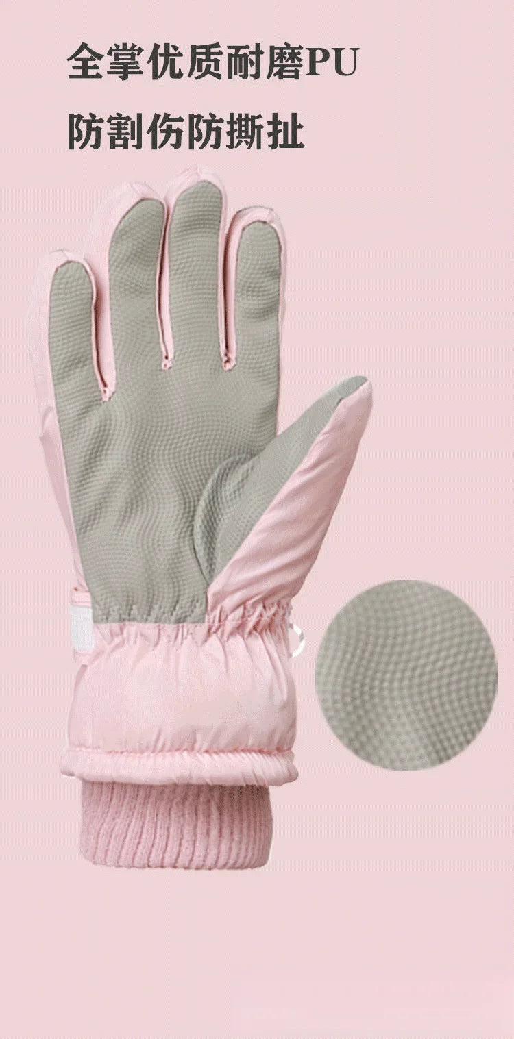 Kids Ski Gloves Boys Girls Winter Warm Fleece Lined Cotton Padded Thickened Anti-Slip Cute Snow Play Water Resistant Snowboard