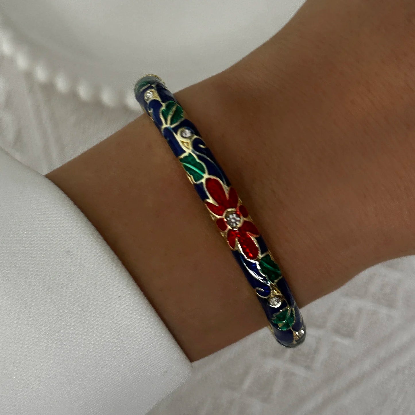 Elegant Enamel Flower Bracelet for Women – Retro Gold-Plated Evil Eye Floral Zircon Bangle, Vintage Party Jewelry