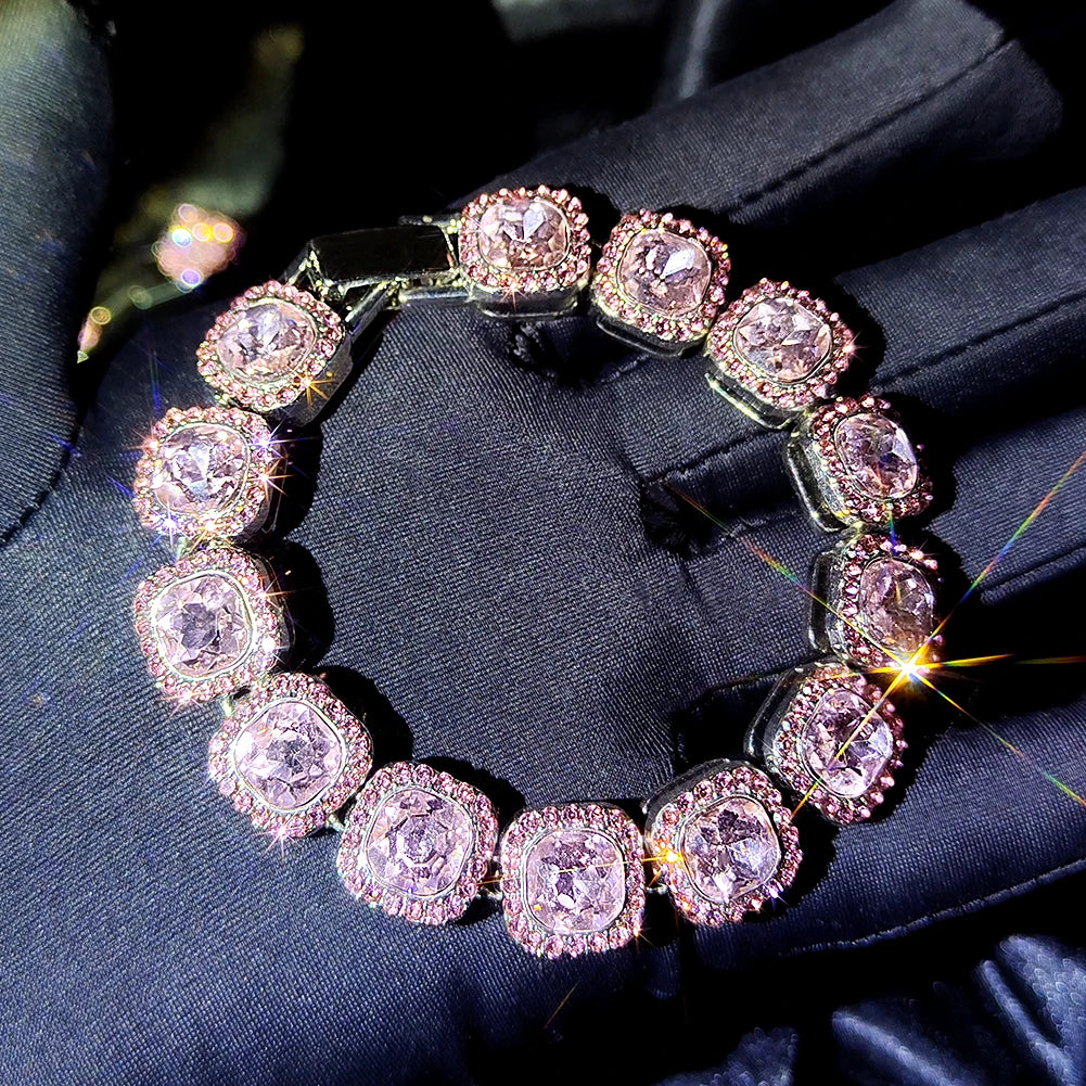 Iced Out Pink Cuban Bracelet Set for Women – 4Pcs Hip Hop Crystal Heart, Circle & Square Gold/Silver Tone Bracelets, Fashion Jewelry Gift