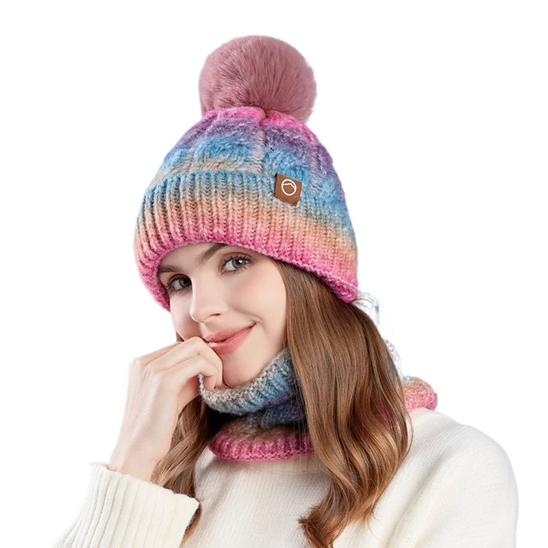 Winter Lady Warm Hat Scarf Two-piece Set Fleece Thickened Gradual Change Color Knitted Skiing Hat Fashion Pullover Hat for Women