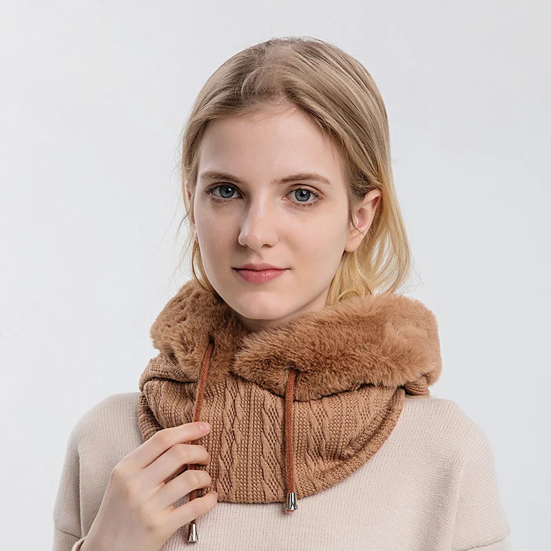Winter Hat For Women Hooded Face Mask Fluff Keep Warm Thicken Style Neck Scarf Hooded Cap Beanie Knitted Cashmere Neck Warmer