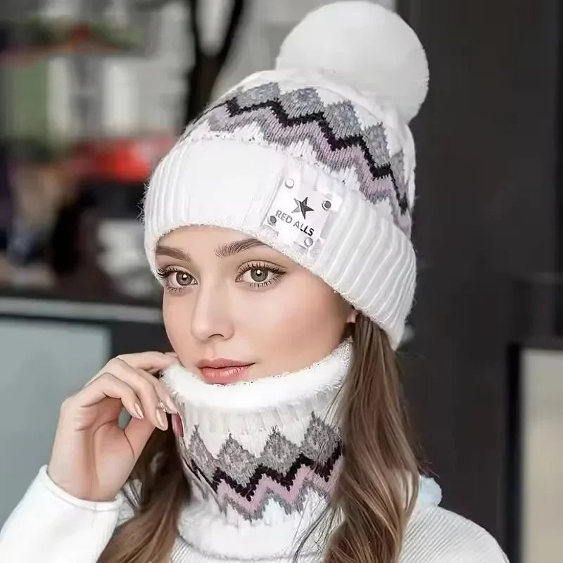 2PCS Winter Women Plush Velvet Hats Neck Warmer Hat Scarf Set Beanies Cycling Windproof Hat Outdoor Ear Protection Outdoor