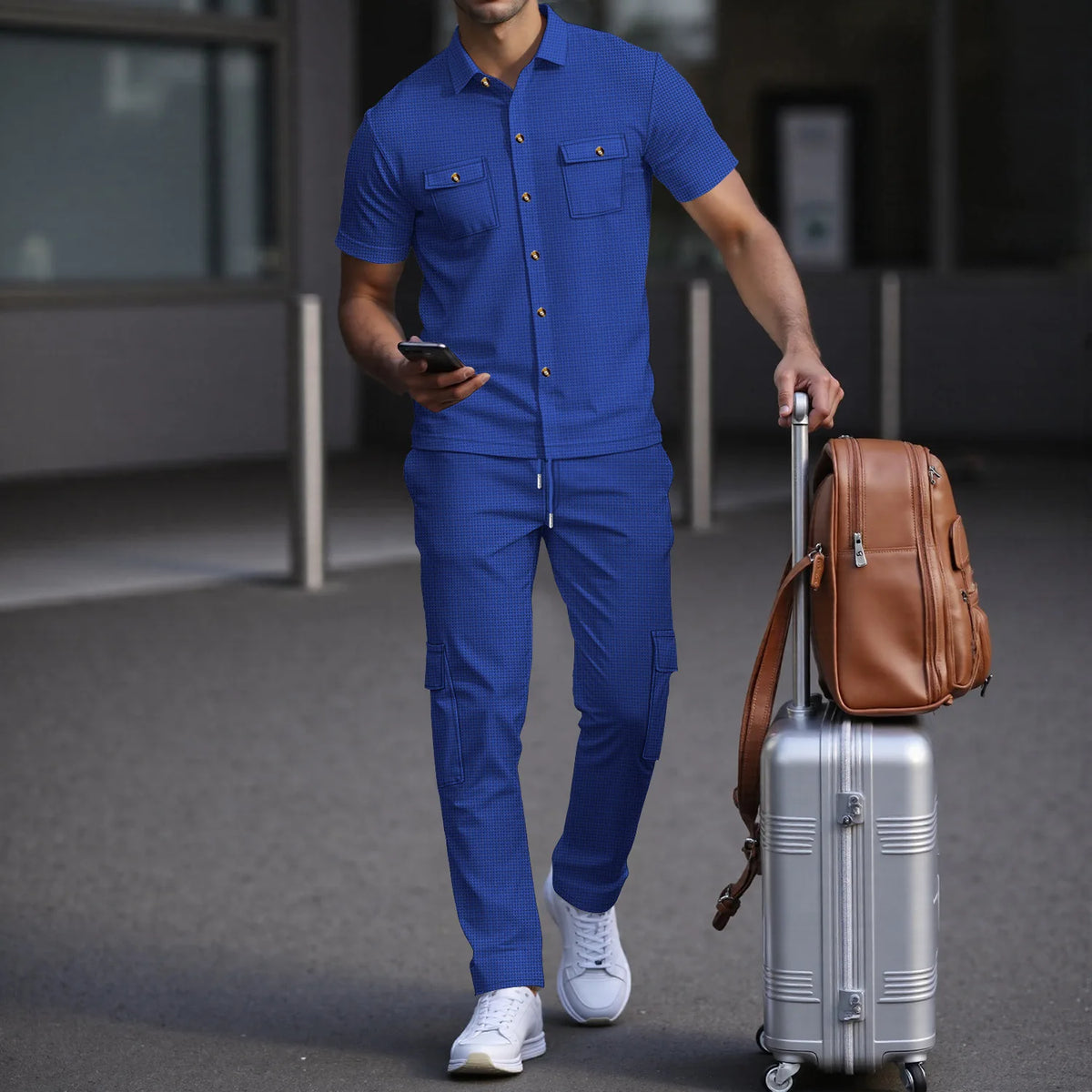 Men's Matching Sets: Waffle Knit 2PC Outfit & Light Coats, Short Sleeve Cargo Shirt & Drawstring Multi-Pkt Pants for Daily