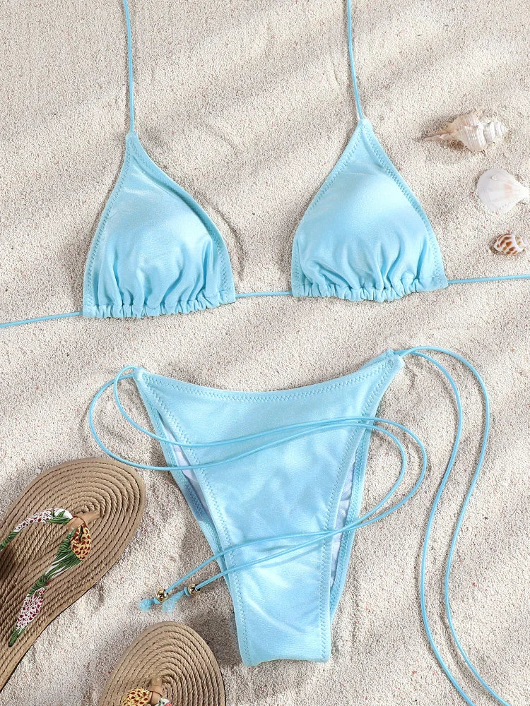 ZRTAK Sexy Bikinis Triangle Micro Swimwear Women Bathing Suit Pleated Blue Swimsuit Females Bikini Sets Thong Biquinis
