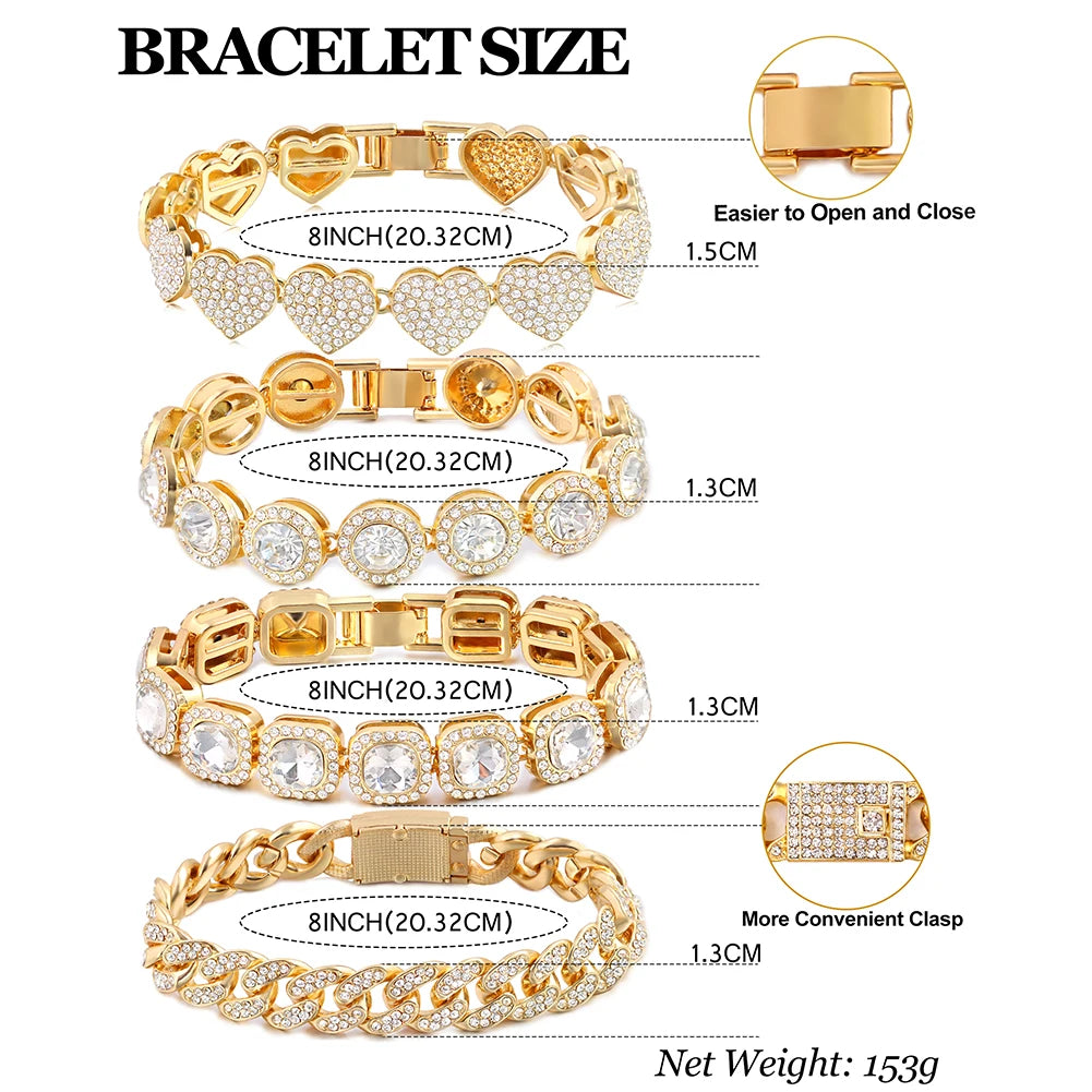 Iced Out Pink Cuban Bracelet Set for Women – 4Pcs Hip Hop Crystal Heart, Circle & Square Gold/Silver Tone Bracelets, Fashion Jewelry Gift