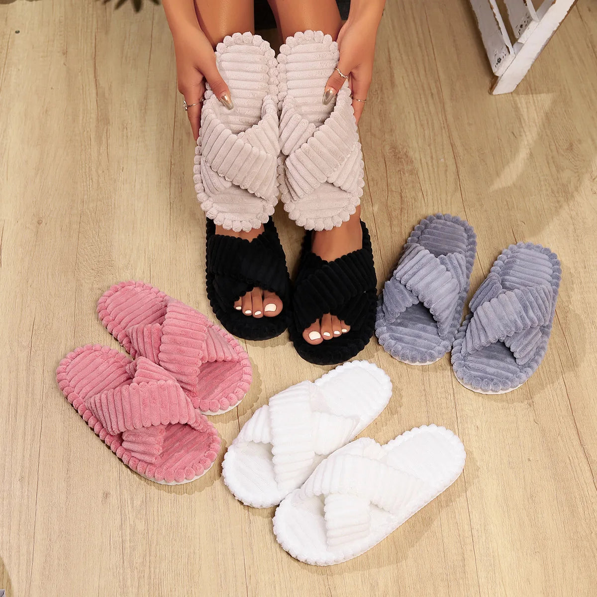 Evshine Women's Furry House Slippers Fashion Cross Straps Fur Fluffy Slides Soft Cozy Memory Foam Shoes Lady Open Toe Flat Slide
