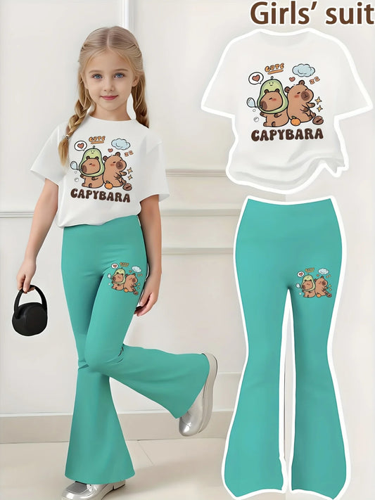 Girls' Capybara Print T-Shirt and Flared Pants 2-Piece Summer Set